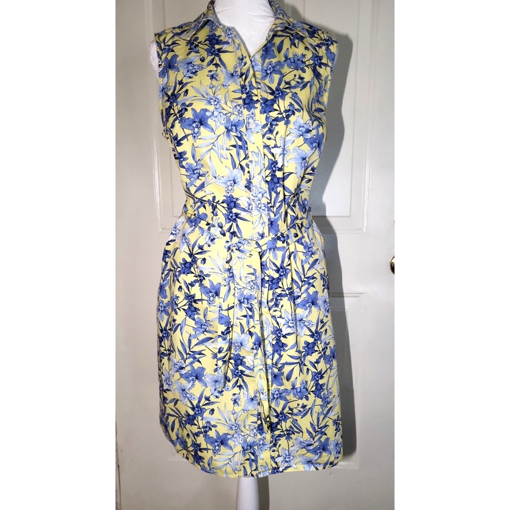 Tommy Hilfiger Floral Button‑Front Shirt Dress Yellow Blue White Sleeveless Belt